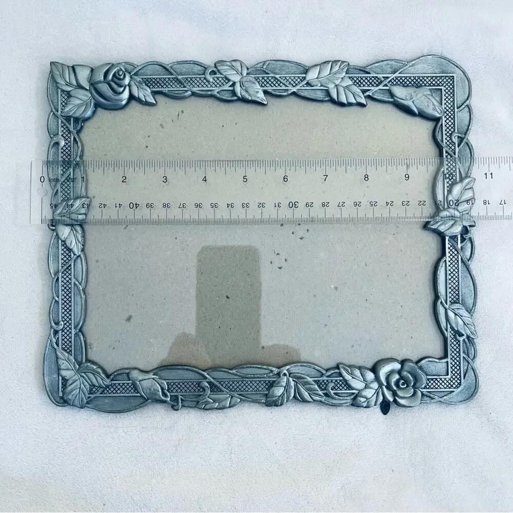 Vintage 1980s DECOREL Pewter Photo Picture Frame Ornate Rose Embossed Floral